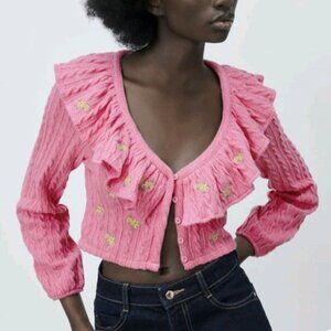 ZARA PINK CROPPED SWEATER CARDIGAN FRONT BUTTON VNECK FLOWER EMBROIDERY L
